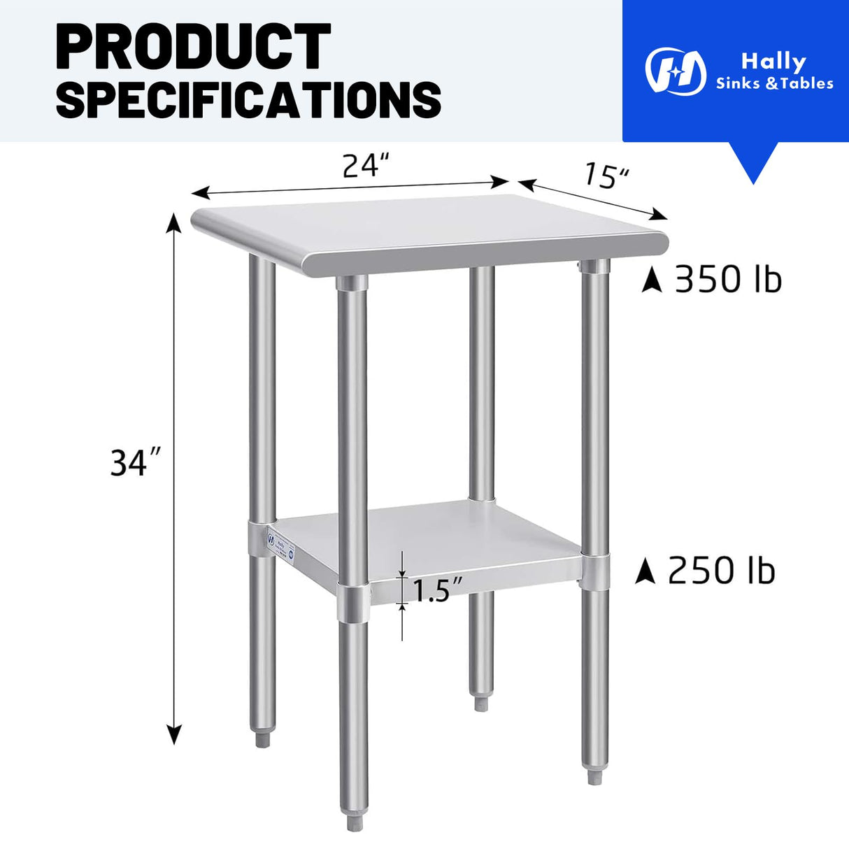 Hally Stainless Steel Table for Prep & Work 24 x 15 Inches, NSF Commercial Heavy Duty Table with Undershelf and Galvanized Legs for Restaurant, Home and Hotel