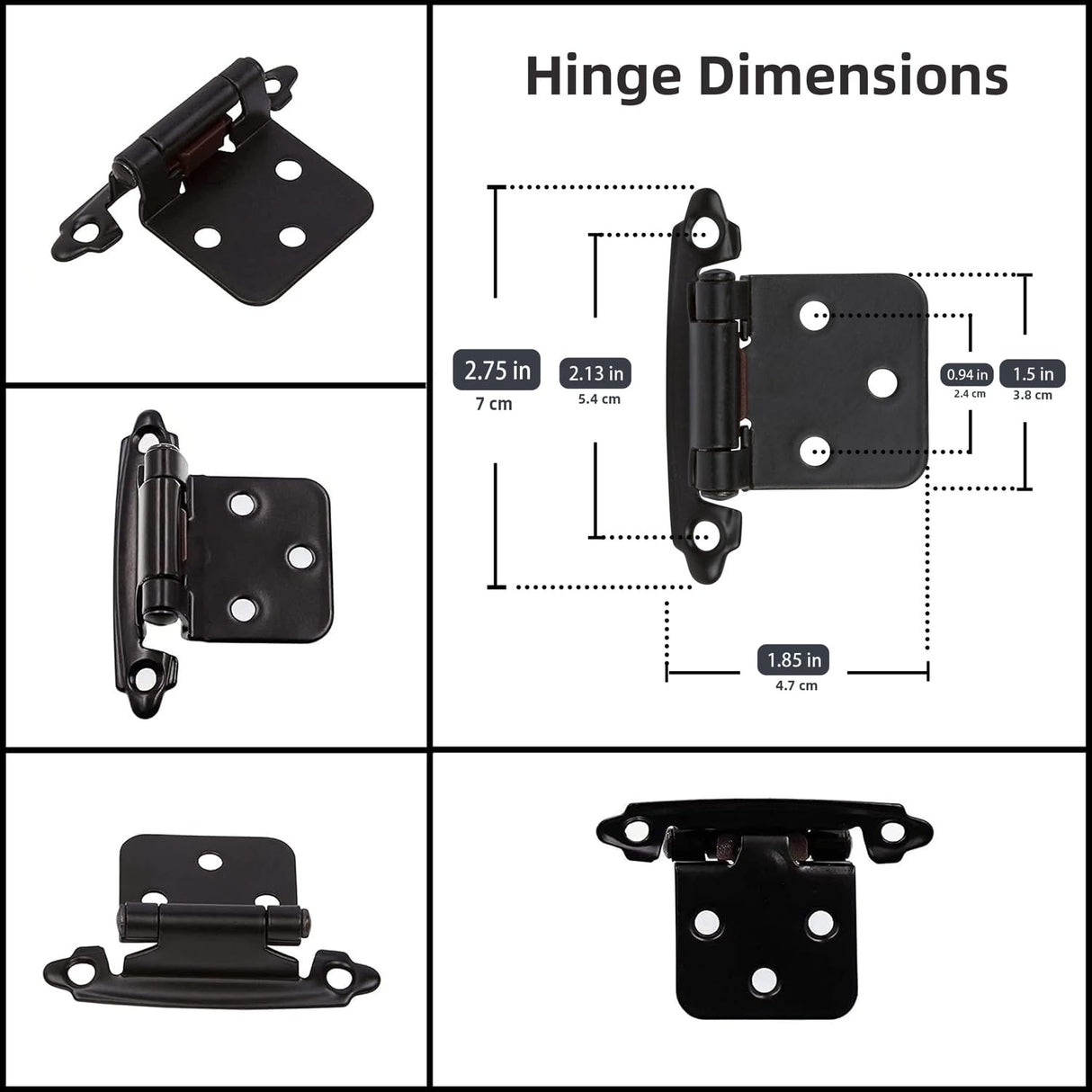 Decobasics 1/2" Overlay Matte Black Cabinet Hinges (10 Pair -20 Pcs) Self Closing Bath & Kitchen Cabinet Hinges Black Flush Mount w/Door Bumpers & Upgraded Screws