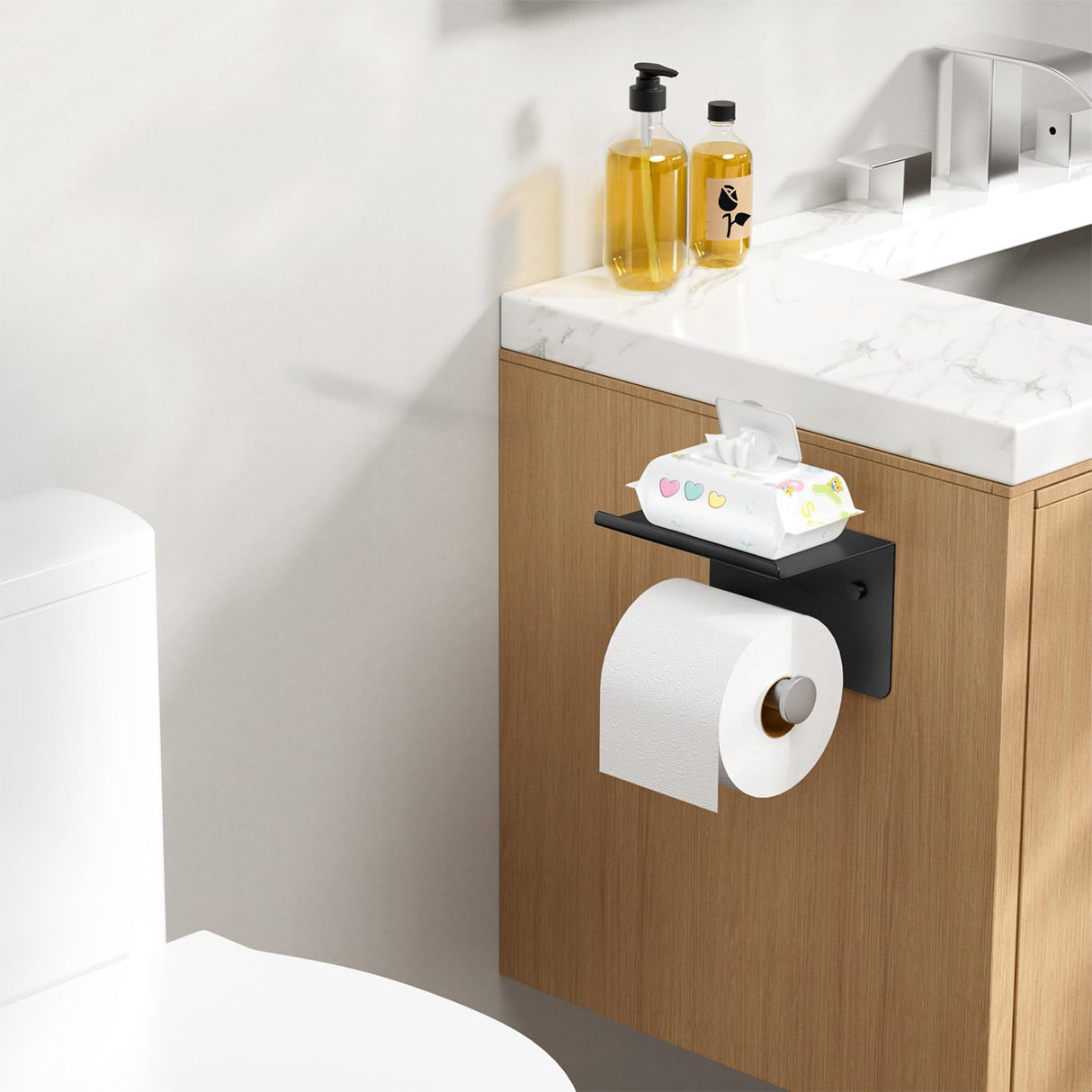 FORIOUS Toilet Paper Holder with Shelf, Adhesive or Screw Wall Mount Toilet Paper Roll Holder for Bathroom, Rustproof 304 Tissue Dispenser with Phone Shelf (1, Matte Black & Brushed Nickel)