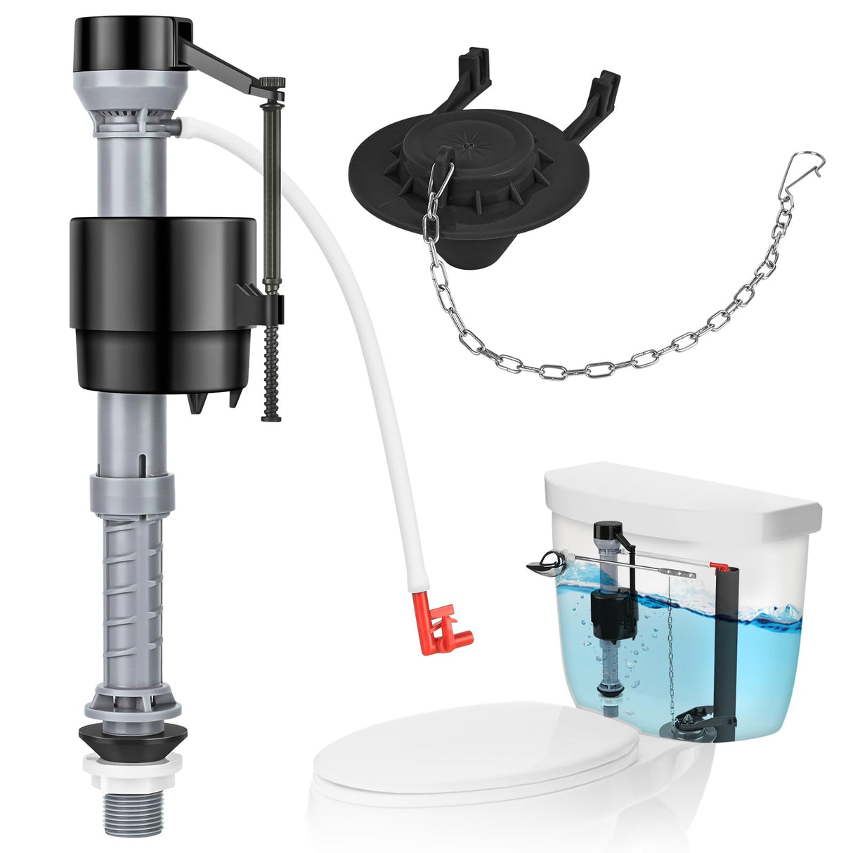 Teviora Universal Toilet Flusher Replacement Kit, Water-Saving & Height Adjustable Fill Valve, 2-Inch Flapper, Quiet & Anti-Siphon Toilet Repair Kit Inside Tank, Easy to Install (Black, 1-Pack)