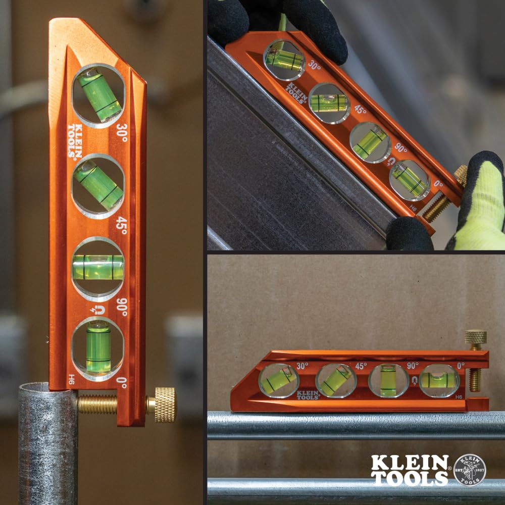 Klein Tools 935AB4V Level, 6-Inch Magnetic Torpedo and Conduit Level with 0/30/45/90 Degree Vials, V-Groove and Magnet Track, High Visibility Orange