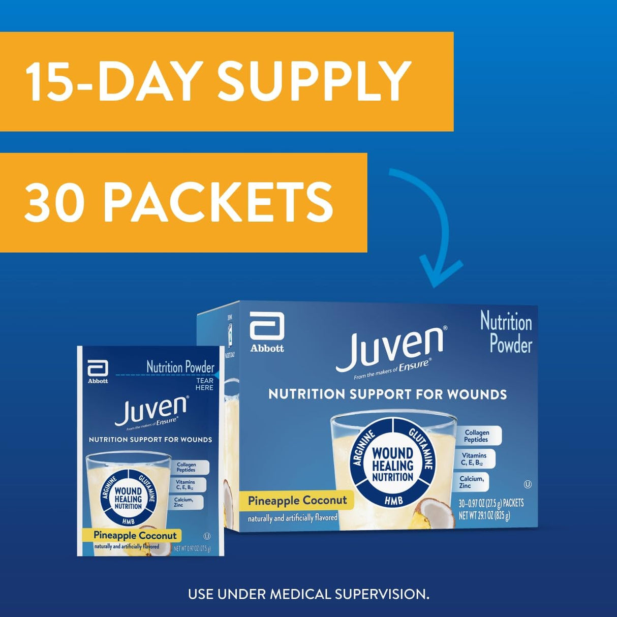 Juven Therapeutic Nutrition Drink Powder Including Collagen Peptides, Amino Acids, and HMB for Wound Healing Support, Pineapple Coconut, 30 Packets