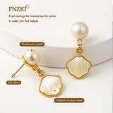 Pearl Shell Earrings for Women, 18K Gold Plated Brass Boho Drop Earrings with Freshwater Pearl & Mother of Pearl, Hypoallergenic Beach Jewelry Gifts