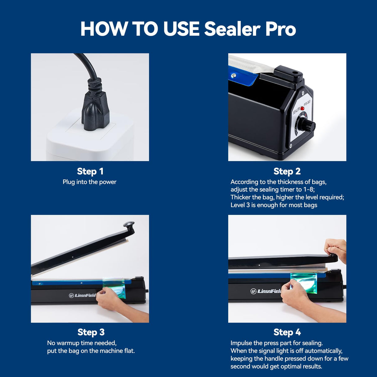 LinsnField Sealer Pro, 8-inch Impulse Heat Sealer, 2-mm Sealing Width Super Heavy Duty Bag Sealing Machine with Extra 2 Replacements,Black