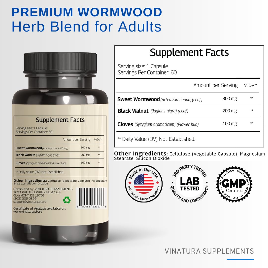 VINATURA Wormwood Black Walnut Clove Capsules - Cleanse, Detox, Intestinal Guard Formula Supplement for Humans, with Wormwood herb, Black Walnut Extract Combination, 60 Capsules