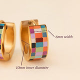 Oh Clementine Super Chunky Checkered Rainbow Huggie Hoop Adjustable Clasp Earrings for Women- 316L Stainless Steel with 18k PVD Gold Coating