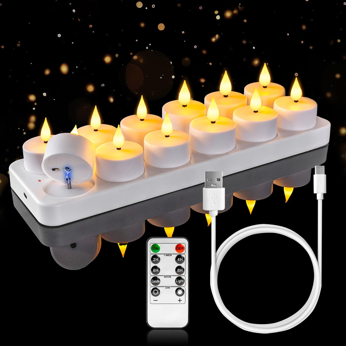 Homemory Rechargeable Tea Lights Flameless Candles with Remote Timer, Battery Operated LED Tealight Candles, USB Candles for Wedding Table Centerpiece Reception Banquet Christmas Halloween, 12-Pack