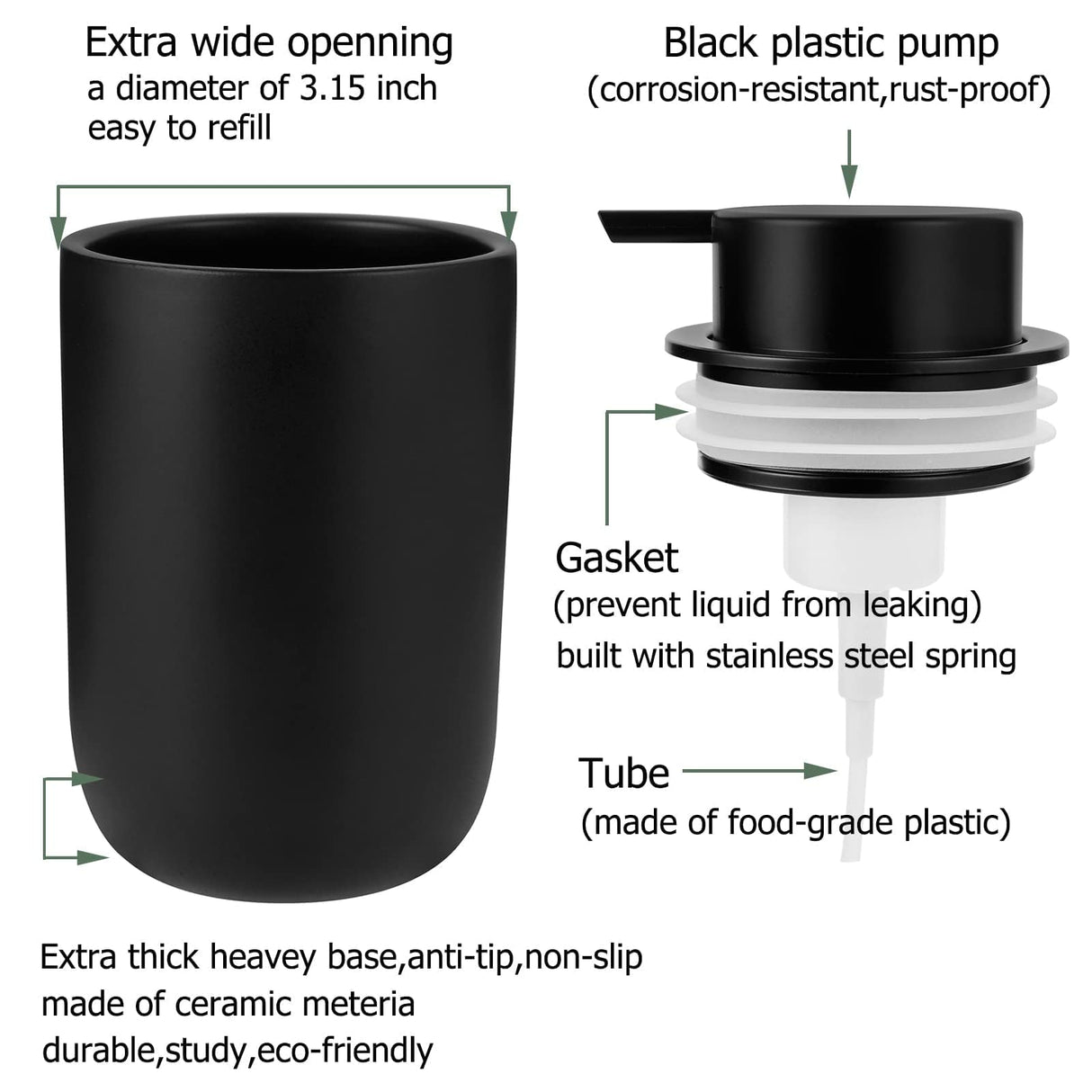 Foaming Soap Dispenser Thick Ceramic Foam Hand Soap Dispenser for Bathroom or Kitchen Sink, Liquid Pump Bottles for Hand soap, Body Wash, 2 Pack Black