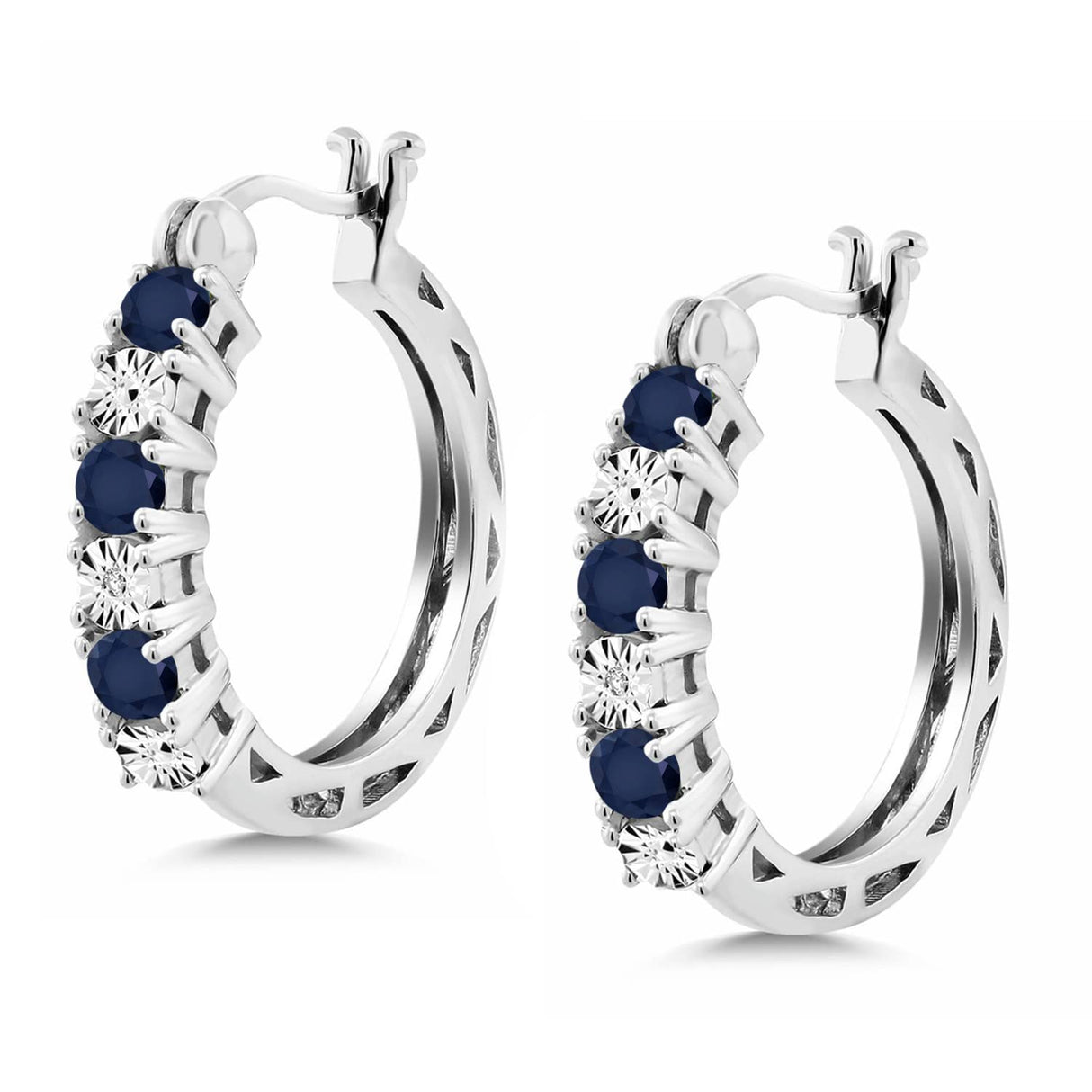Gem Stone King 925 Silver Blue Sapphire and Lab Grown Diamond Hoop Earrings