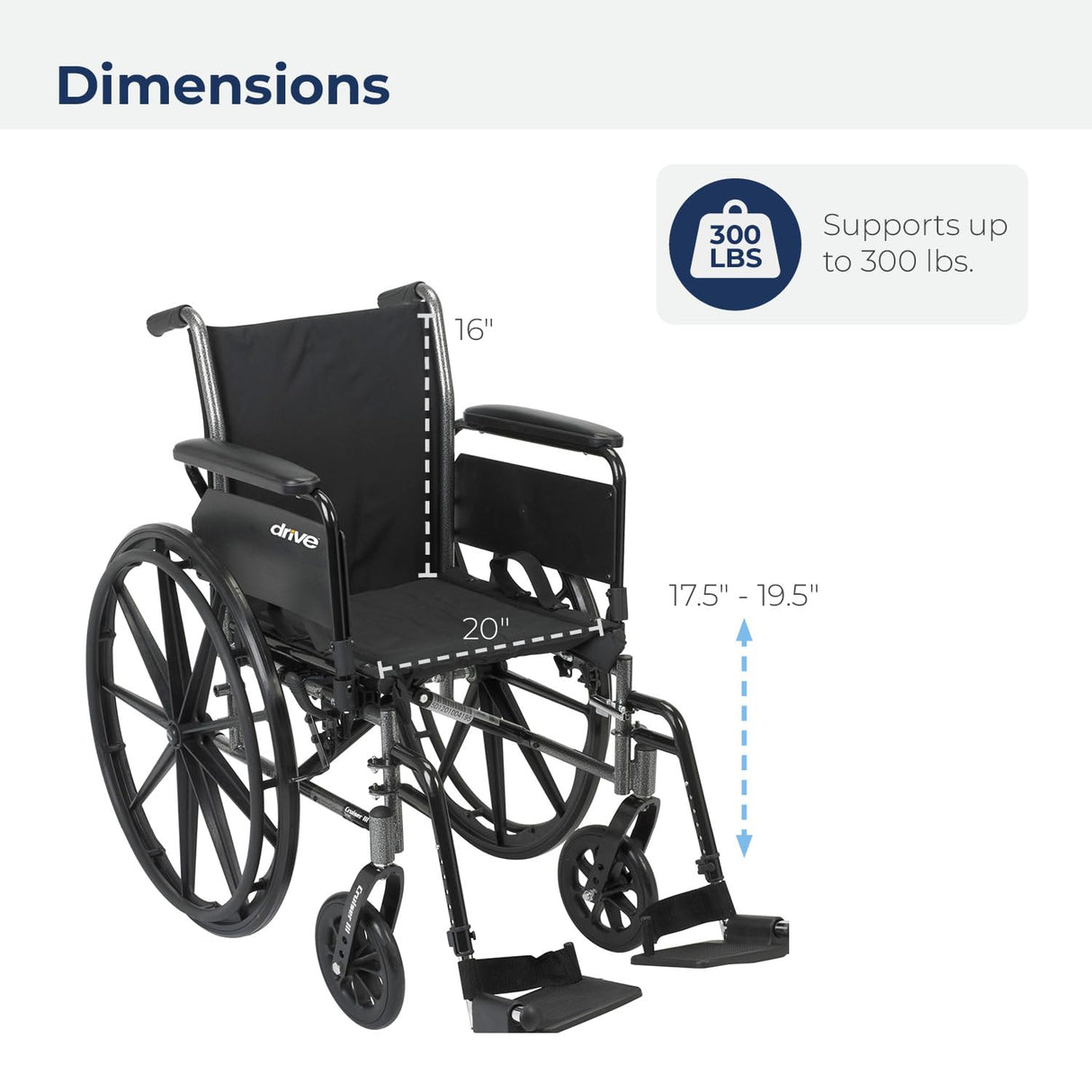 Drive Medical Cruiser III Light Weight Wheelchair with Various Flip Back Arm Styles and Front Rigging Options, Flip Back Removable Full Arms/Swing away Footrests, Black, 20 Inch