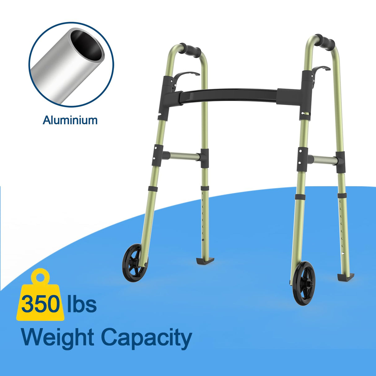 Loyoda Folding Walkers for Seniors,FSA/HSA Eligible Medical Walker with Storage Bag and Glide Skis 5'' Front Wheel Lightweight Walker Height Adjustable Aluminum Standard Walker for Disabled (Green)