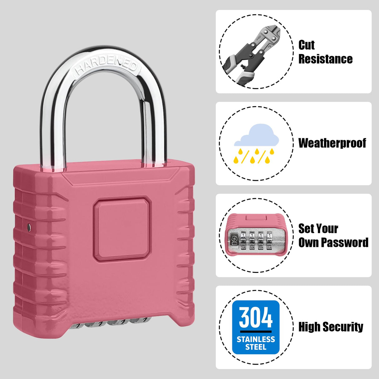 Large Outdoor Combination Lock, Diyife Heavy Duty Weather Resistant Padlock, 4 Digit Security Resettable, Hidden Password Design for Indoor/Outdoor Use, Tools, Fences, Sheds, Gates, Pink