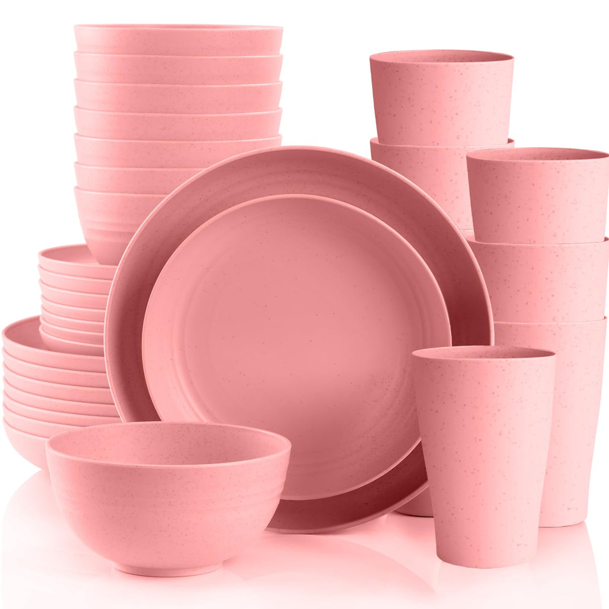 Gudvilla Pink Dinnerware Sets for 8,Pink Plates and Bowls Sets Plastic,Wheat Straw Dinnerware Sets Unbreakable Microwave Safe Lightweight,32 Pcs Christmas Dishes Set for Kids Elderly Kitchen Outdoor