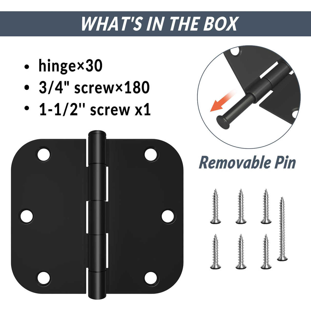 HOSOM 30 Pack Rounded Matte Black Door Hinges 3.5 x 3.5 inch with 5/8 Radius, Black 3 1/2 Interior Door Hinges, 3 ½"x 3 ½" Hardware