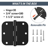 HOSOM 30 Pack Rounded Matte Black Door Hinges 3.5 x 3.5 inch with 5/8 Radius, Black 3 1/2 Interior Door Hinges, 3 ½"x 3 ½" Hardware