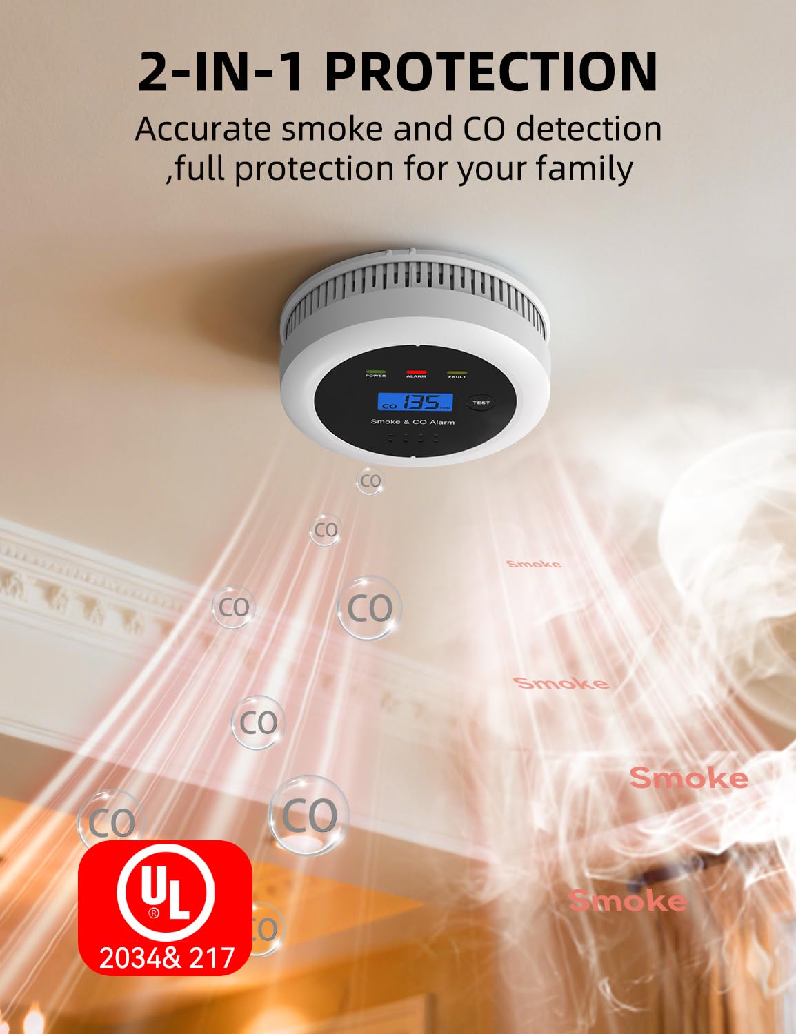 UxmCruxial Smoke Detector Carbon Monoxide Detector Combo, 2 in 1 Smoke and Carbon Monoxide Alarm with Display 85dB Alarm Replaceable Battery Fire Alarm CO Detector for Kitchen,Office