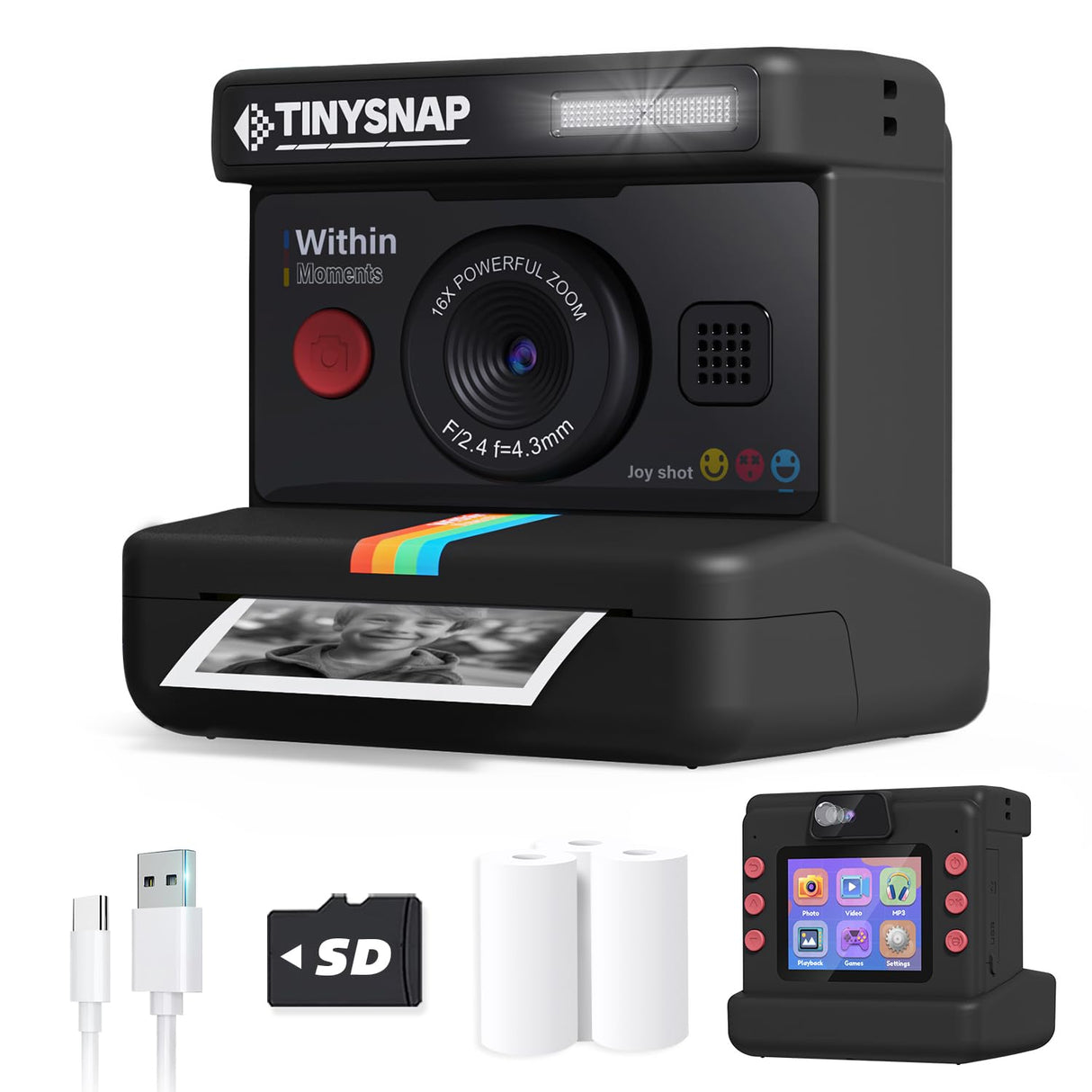 Eveedo Instant Print Camera for Kids,Dual Len Kids Cameras with 2.4 Inch Screen, Christmas Birthday Gifts for Girls Age 3-12, Portable Toddler Toy for 3 4 5 6 7 8 9 10 Year Old Girls Boys (Black)