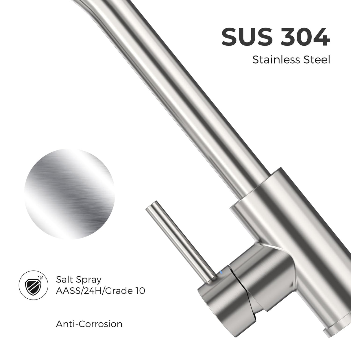 VANCOCO Kitchen Sink Mixer Tap 1 Hole, Single High Arch Kitchen Tap with 360° Swivel Pull Down Sprayer 2 Modes, SUS304 Stainless Steel Faucet