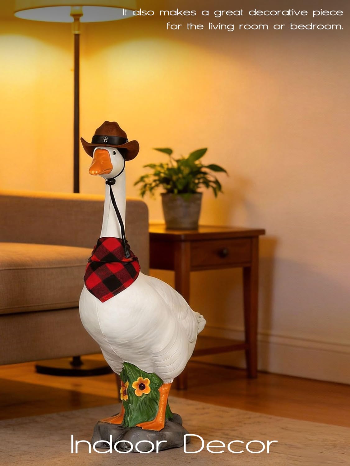 LarpGears Premium Adjustable Large Porch Goose Statue – 23” Realistic Hollow Plastic Garden Goose with Removable Cowboy Hat & Bandana, Stone Base with Sand-Fillable Design for Outdoor Stability