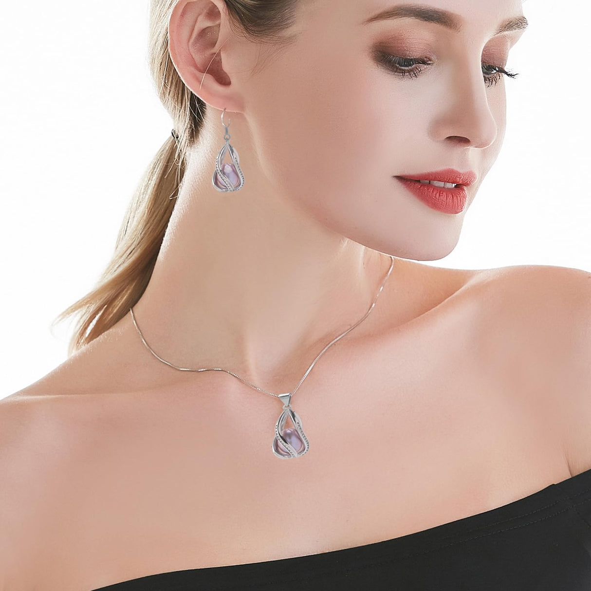 HENGSHENG Pearl Jewelry Set For Women S925 Sterling Silver Necklace & Earrings Set Freshwater Pearl Pendant Cage Set for Wedding Anniversary Prom Birthday Gift - Silvery Purple