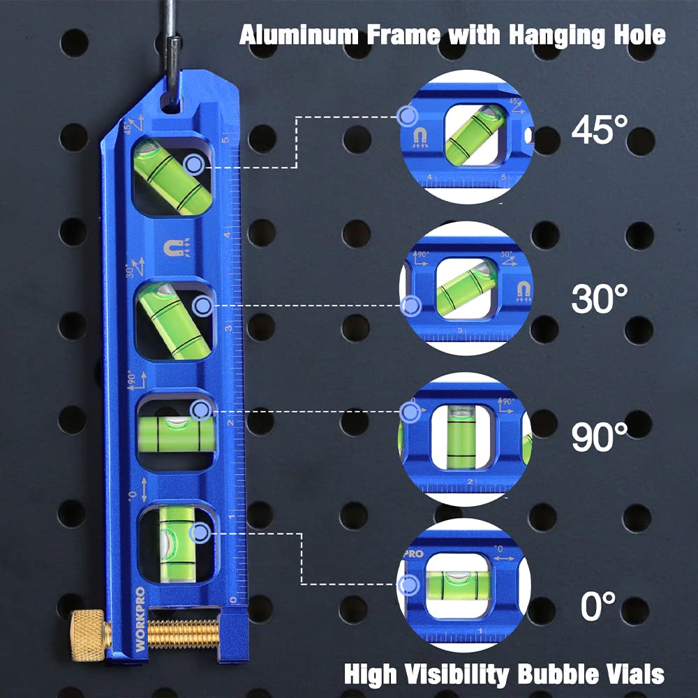 WORKPRO Magnetic Torpedo Level, Conduit Bending Level, Bubble Vials for 0°/90°/30°/45° Measurements, Aluminum Alloy Construction, 6.3-inch, Cobalt Blue