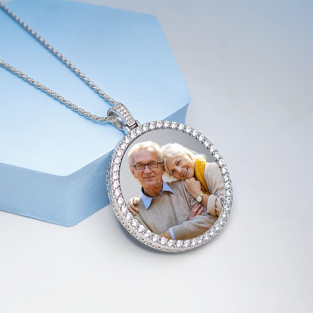 XL Photo Engraved Cubic Zirconia Pendant Necklace (Stainless Steel)
