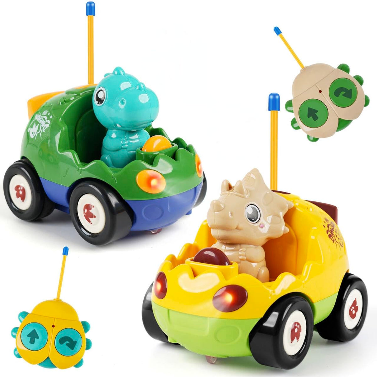 QPOU 2-Pack Remote Control Dinosaur Toy Car for Kids - Birthday Gifts for Boys Toddlers Ages 18+ Months, 2 3 4 5 Year Old, Dino RC Vehicle with Lights and Music