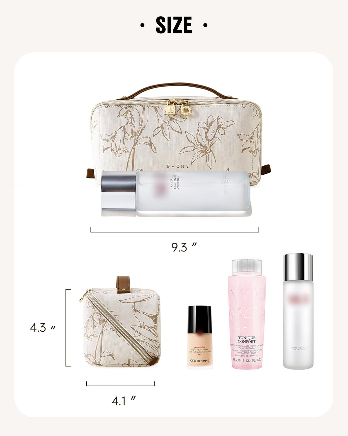 EACHY Travel Makeup Bag, Floral Cosmetic Bag for Women, Beige, Medium