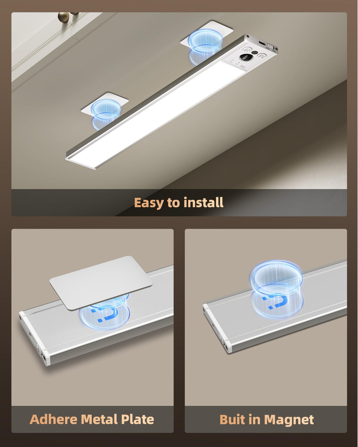 EZVALO 12-inch Under Cabinet Lighting, 3200mAh Rechargeable Motion Sensor Light Indoor, with Dimmable & 3 Color Temps, Magnetic Closet Lights, Wireless Under Counter Lights for Kitchen, Stairs(4-Pack)