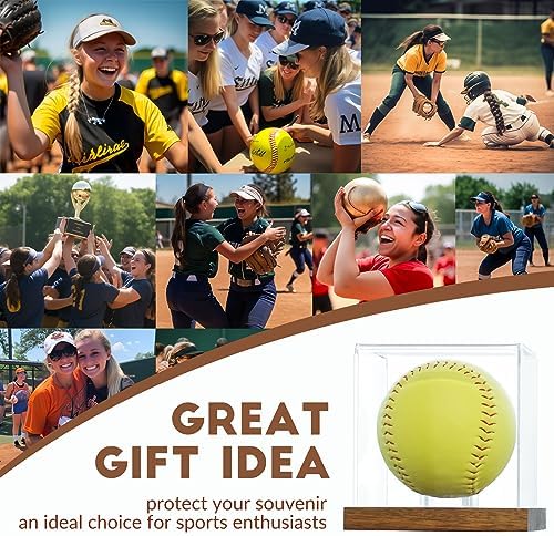 JupDec Softball Display Case Clear Acrylic Ball Holder, UV Protected Cube with Wood Base Stand, Championship Sports Collections Box Showcase