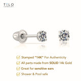 14k White Gold Solitaire Round Cubic Zirconia Stud Earrings Screw-back 3mm
