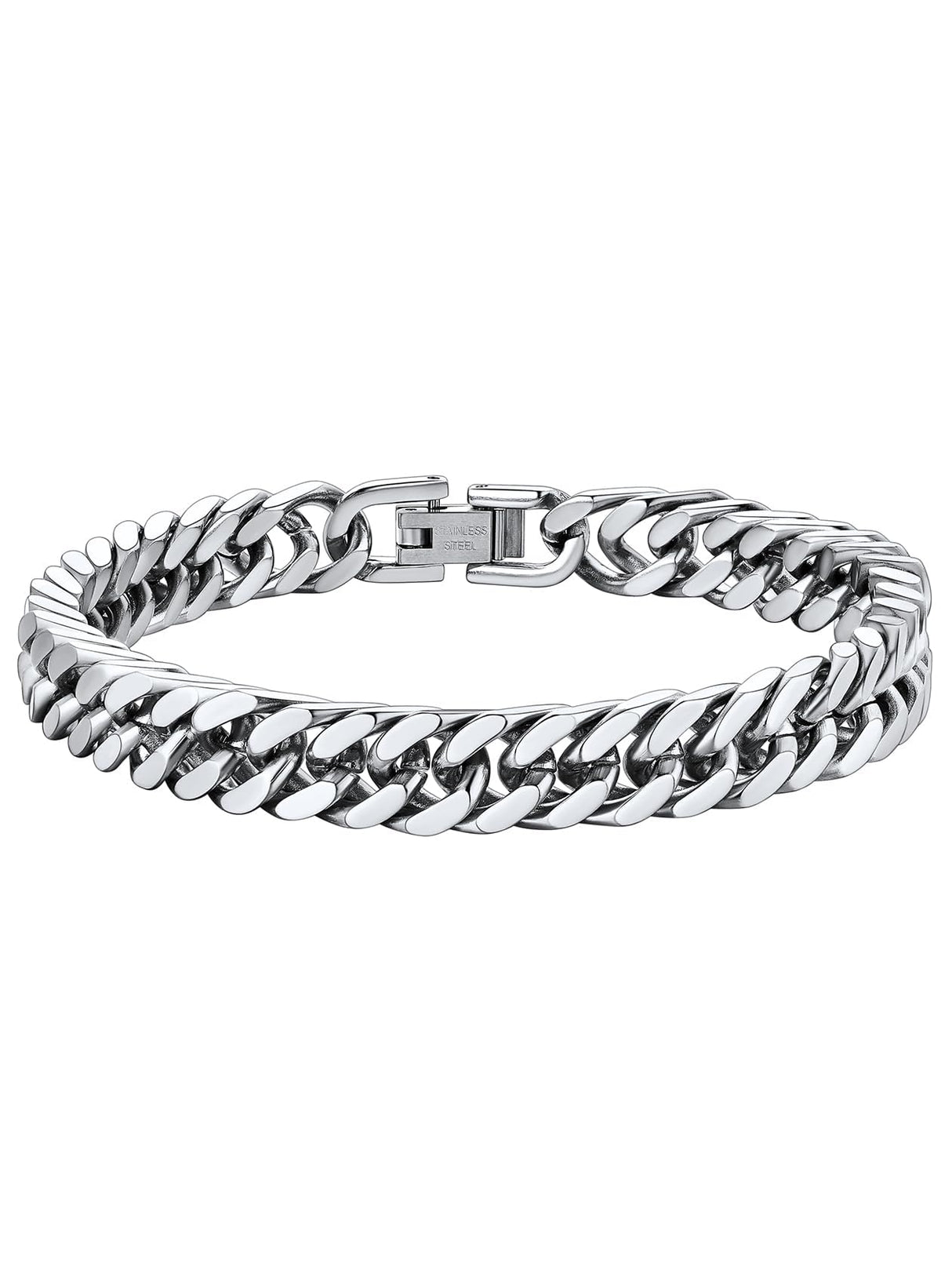 ChainsHouse Mens Cuban Bracelet Chain 316L Stainless Steel Punk Double Curb Bracelet 8mm 21cm