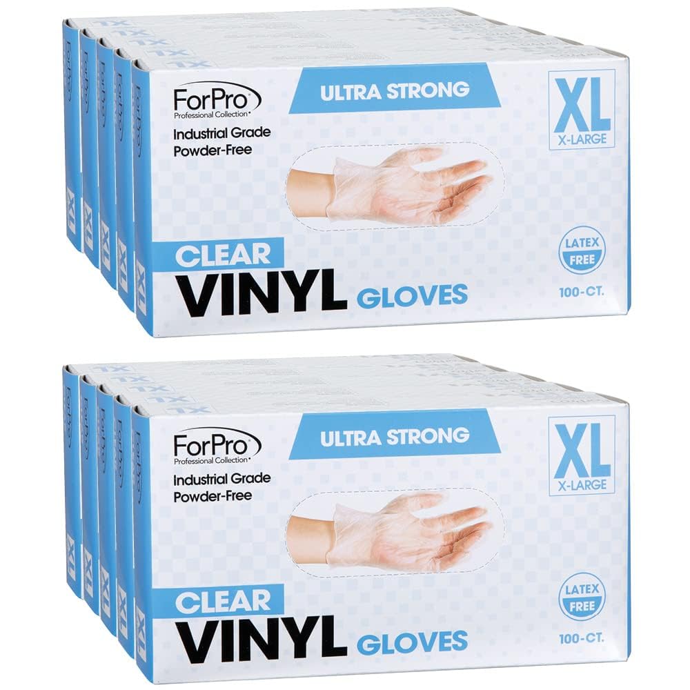 ForPro Disposable Vinyl Gloves, Clear, Industrial Grade, Powder-Free, Latex-Free, Non-Sterile, Food Safe, 2.75 Mil. Palm, 3.9 Mil. Fingers, X-Large, 100-Count (Pack of 10)