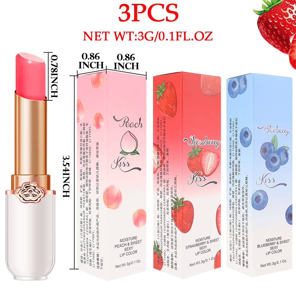 BINGBRUSH Peach Color Changing Lipstick,Moisturizer Long Lasting Lip Care Lip Balm Magic Lip Gloss Lip Tint Stain Gloss Set for Women (3 pcs Peach + Strawberry + Blueberry Lipstick)