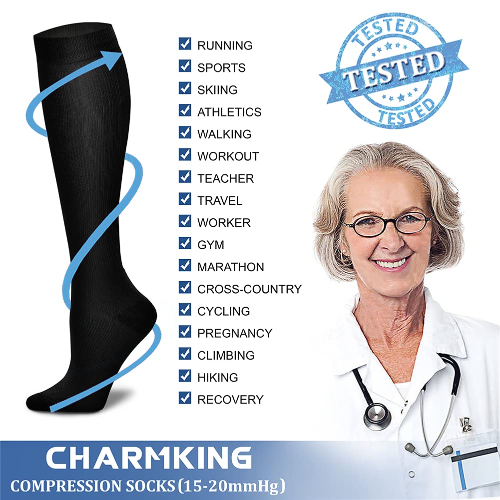 CHARMKING Compression Socks for Women & Men (8 Pairs) 15-20 mmHg Graduated Copper Support Socks are Best for Pregnant, Nurses - Boost Performance, Circulation, Knee High & Wide Calf (L/XL, Multi 05)