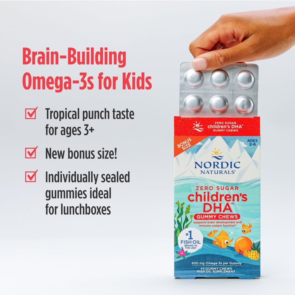 Nordic Naturals Zero Sugar Children’s DHA Gummy Chews, Tropical Punch - 45 Gummy Chews for Kids - 600 mg Total Omega-3s - Brain Development, Learning, Healthy Immunity - Non-GMO - 45 Servings