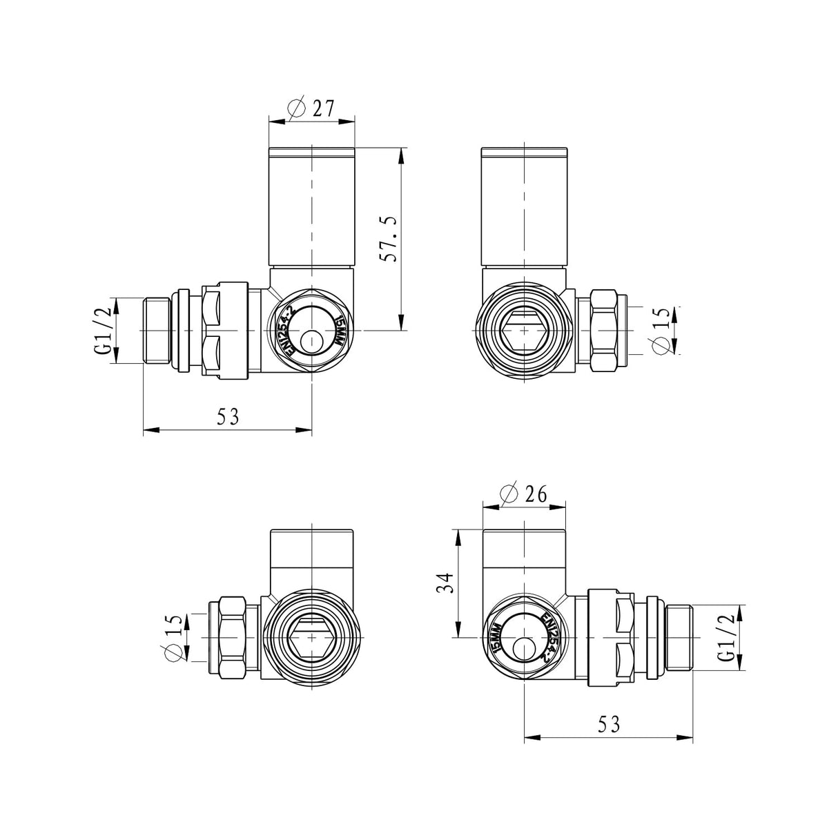 VANCOCO Anthracite 15mm /1/2'' Towel Rail Valves, Round Head Manual Radiator Valve Standard Connection for Central Heating Modern Bathroom（Corner）
