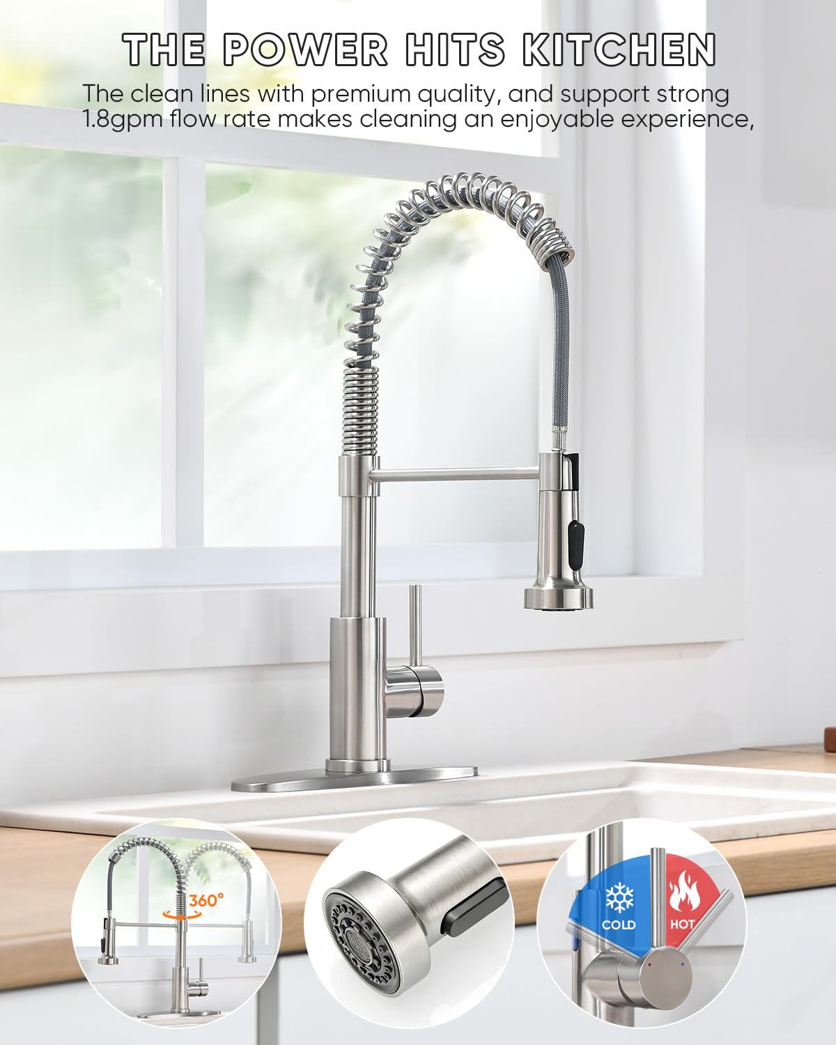 OWOFAN Kitchen Faucets, Brushed Nickel Kitchen Sink Faucet with Pull Down Sprayer Single Handle with Deck Plate Stainless Steel, Suitable for Farmhouse Camper Laundry Rv Bar - OWOFAN 9009SN