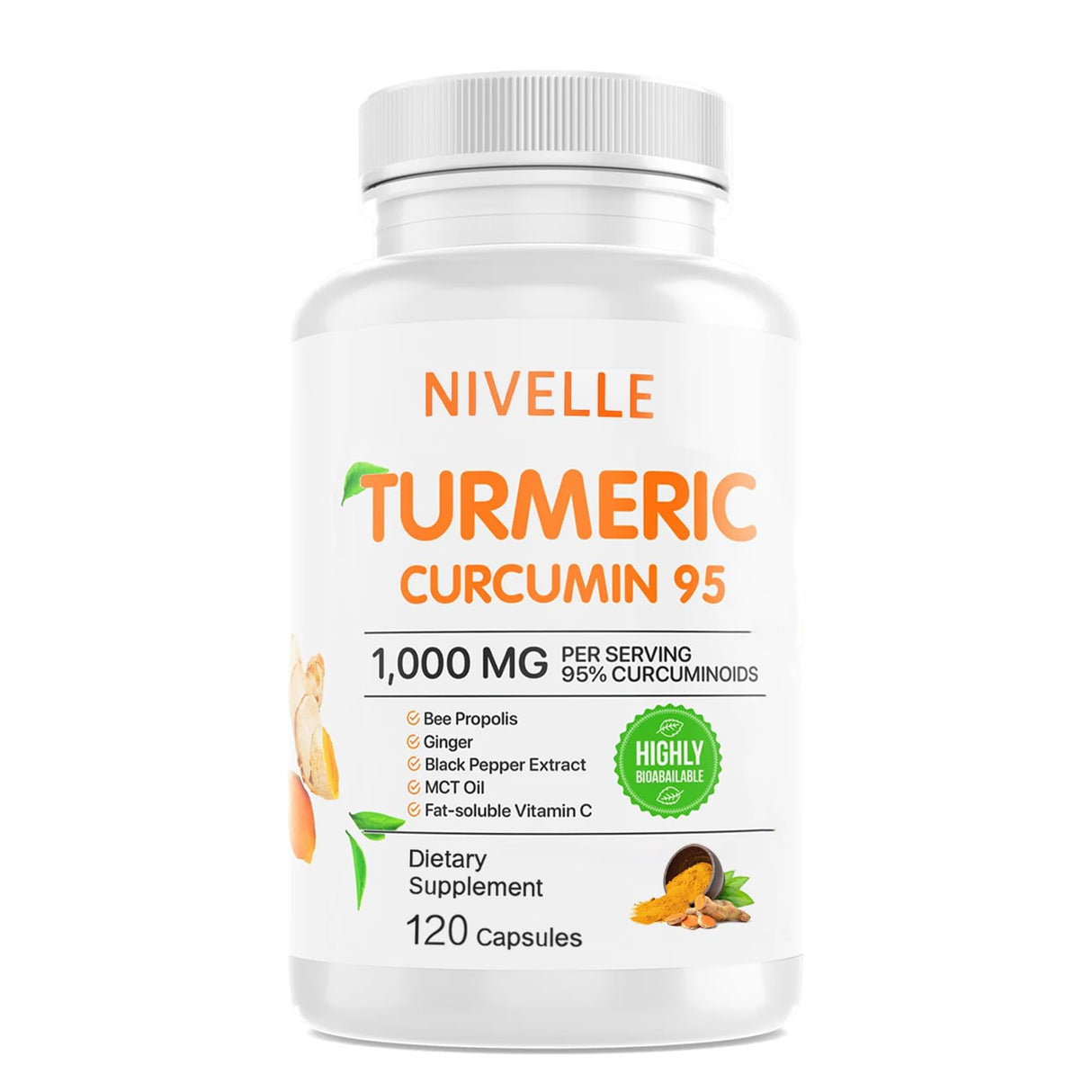 NIVELLE Turmeric Curcumin | Pure Turmeric Curcumin Supplement 1000mg | 95% Curcuminoids with Bee Propolis, Ginger, MCT Oil, Fat Soluble Vitamin C, & Black Pepper | 120 Capsules (1)