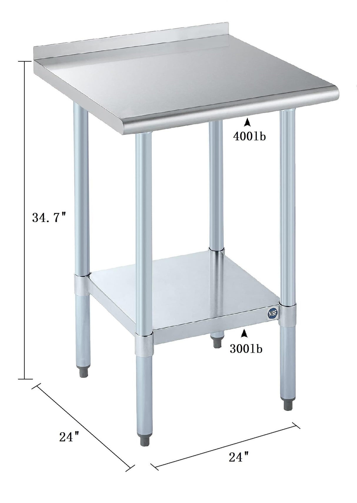 ROCKPOINT Stainless Steel Table for Prep & Work with Backsplash 24x24 Inches, NSF Metal Commercial Kitchen Heavy Duty Table with Adjustable Under Shelf and Table Foot for Restaurant, Home and Hotel