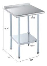 ROCKPOINT Stainless Steel Table for Prep & Work with Backsplash 24x24 Inches, NSF Metal Commercial Kitchen Heavy Duty Table with Adjustable Under Shelf and Table Foot for Restaurant, Home and Hotel