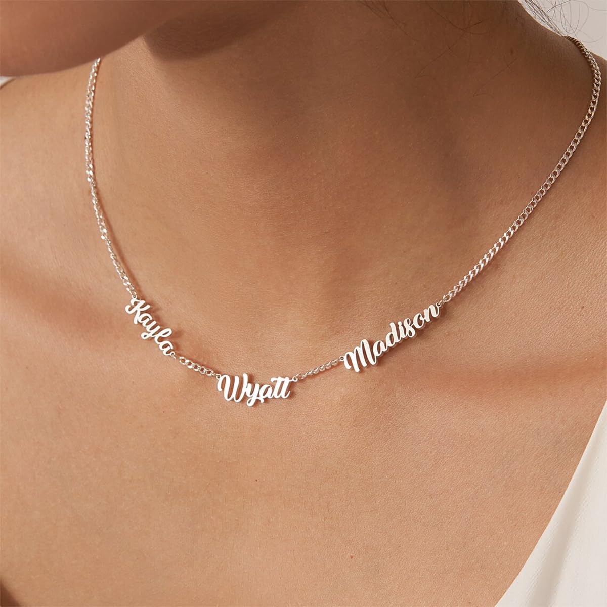Xianofu Personalized Name Necklace with Curb Chain, 18K Gold Plated Handmade Custom Family Choker Customized Child Nameplate Necklace Mother's Day Jewelry Gift for Mom, Wife (3 Names Necklace)