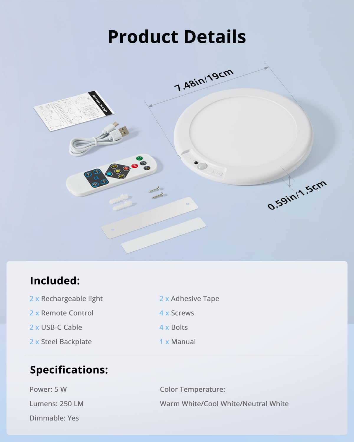 Combuh Rechargeable Motion Sensor Ceiling Light with Remote Wireless, 85 Days Battery Powered Shower Lamp Magnetic Dimming Timing Stick on Cordless Lighting for Closet Pantry without Electricity 2Pack