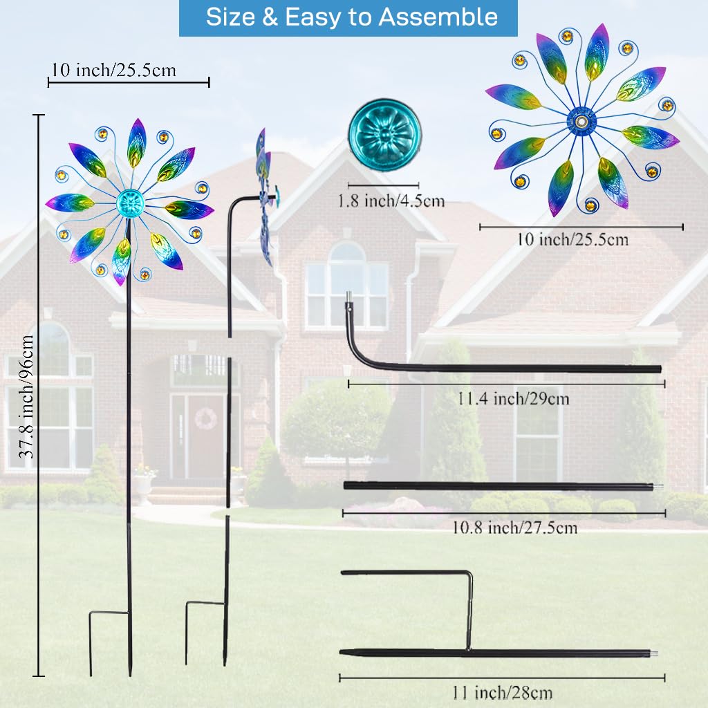 VEWOSTAR Metal Wind Spinners Outdoor 10” Dia Wind Spinners for Yard and Garden Kinetic Windmill Waterproof Wind Sculptures & Spinners for Patio Lawn Decor(37.8” H)