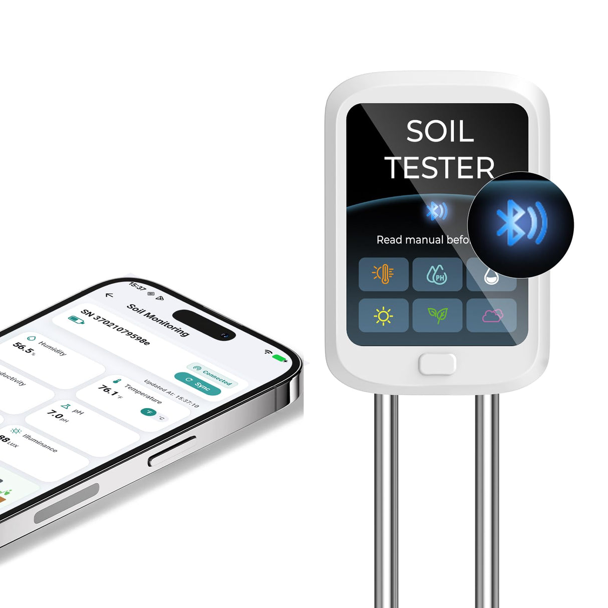 KGLLIFE 6-in-1 Soil Test Kit, pH/Humidity/Moisture/Temperature/Conductivity/Illuminance Soil Meter for Indoor & Outdoor, Soil Tester with Bluetooth Connectivity, Garden Tools for Plant Lover