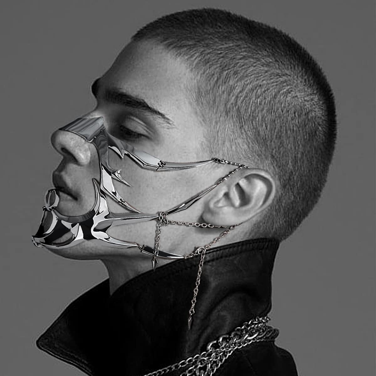 L'VOW Silver Metal Half Mask Face Chain Jewelry Cyborg Accessories, S1
