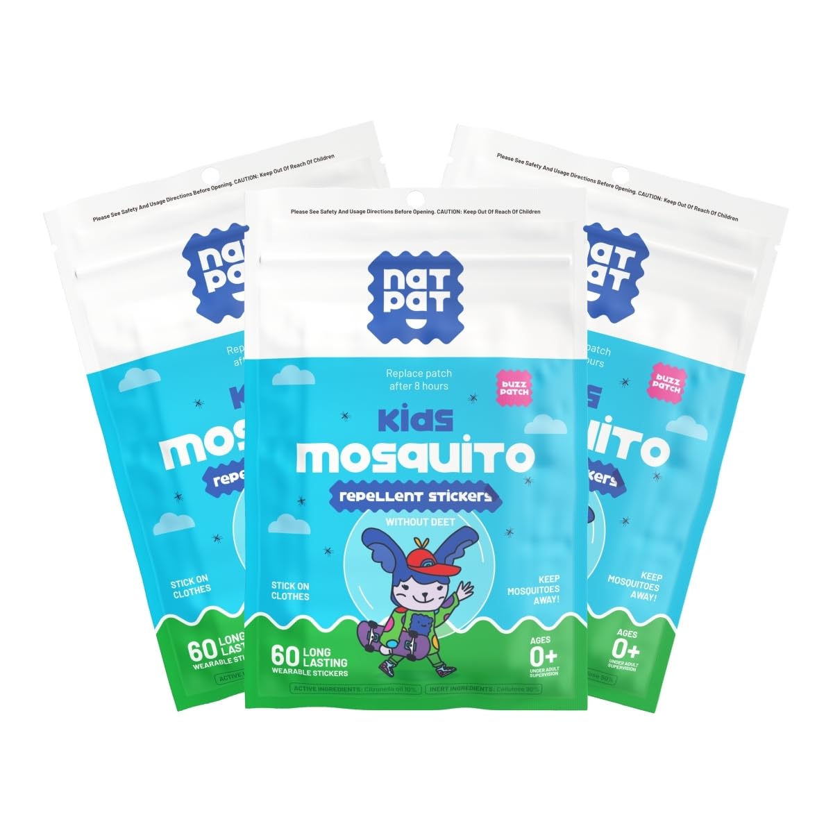 NATPAT Buzz Patch Mosquito Patch Stickers for Kids (3 pack, 180 stickers) - The Original All Natural Citronella Essential Oil Insect Patch, Plant Based Ingredients, Non-Toxic, DEET Free, for Toddlers,