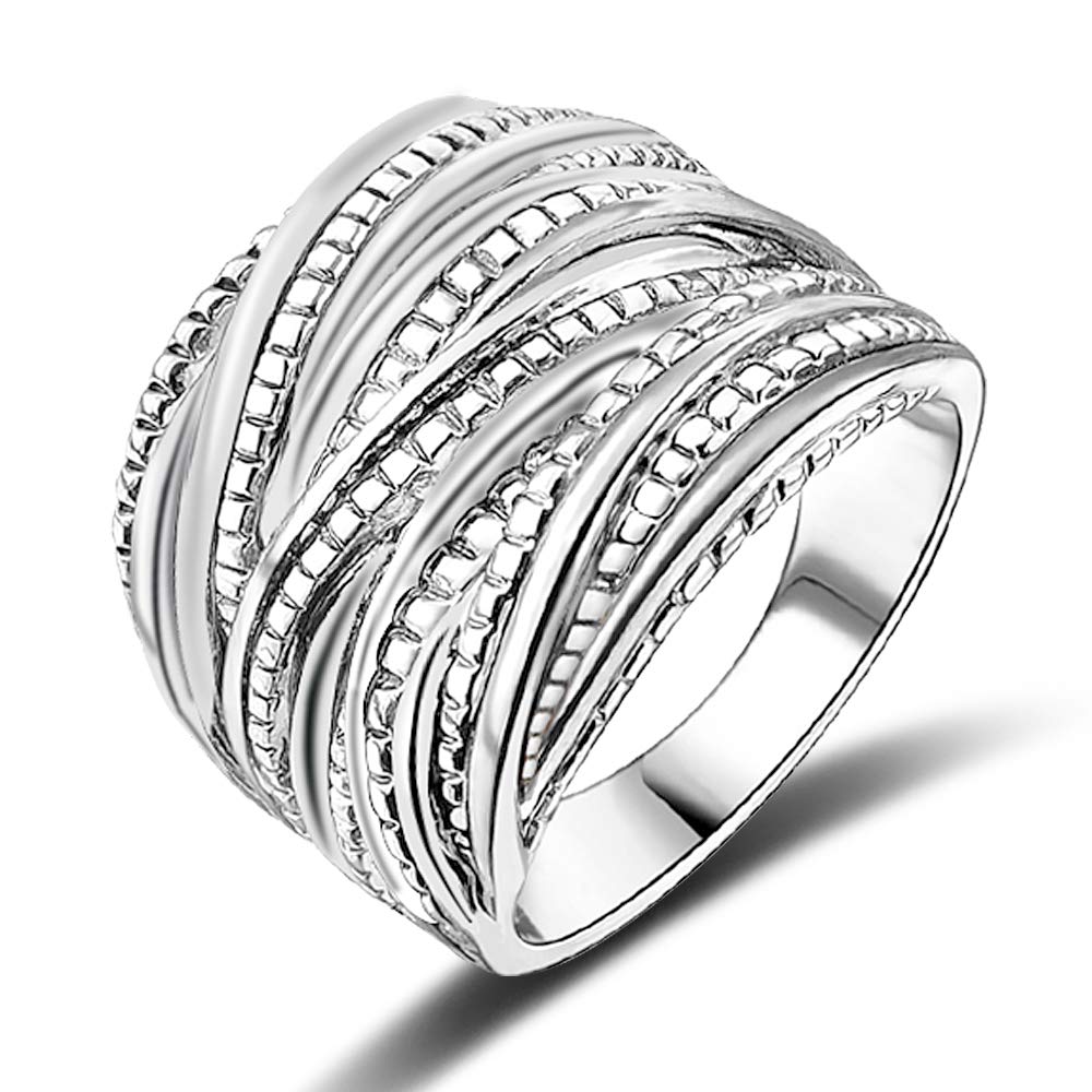 Mytys 2 Tone Intertwined Crossover Statement Ring Fashion Chunky Band Rings for Women Black Gold Silver Rose Gold Plated Wide Index Finger Rings Costume Jewelry (silver size 7)