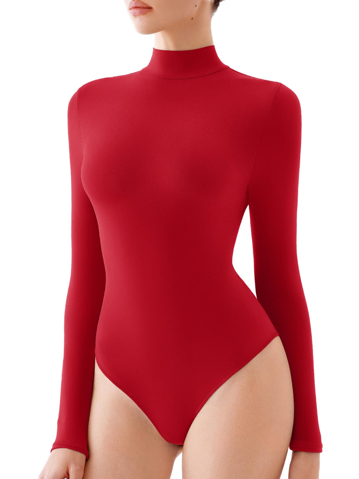 REORIA Women's Long Sleeve Bodysuits Mock Turtleneck Slim Tight Double Lined Basic Layering Body Suits Tops Christmas Outfits 2025(Red Medium)