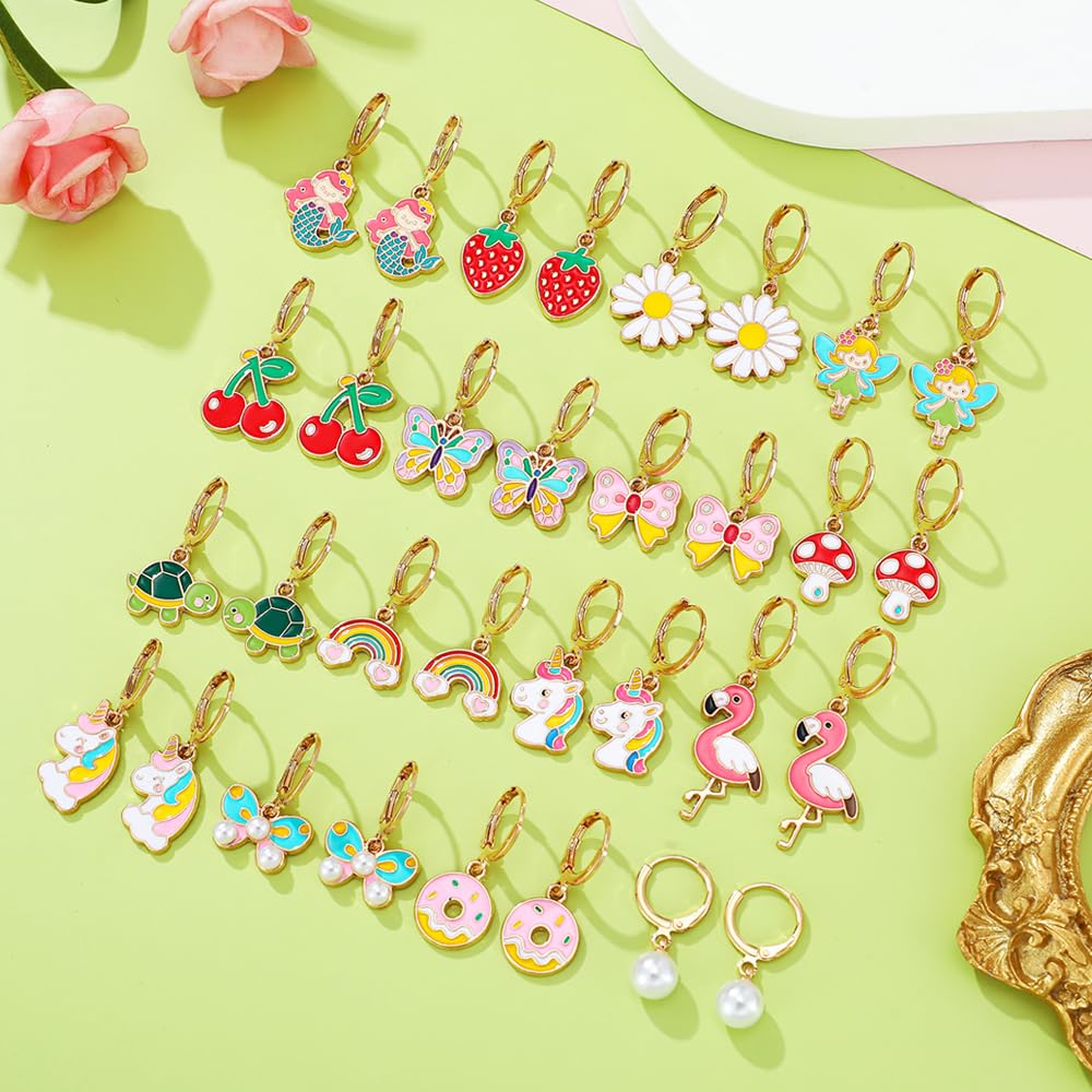 16 Pairs Hypoallergenic Dangle Hoop Earrings for Girls Teens Kids Women Cute Flower Animal Earrings Small Hoop Earrings Sets with Charms (Cute)